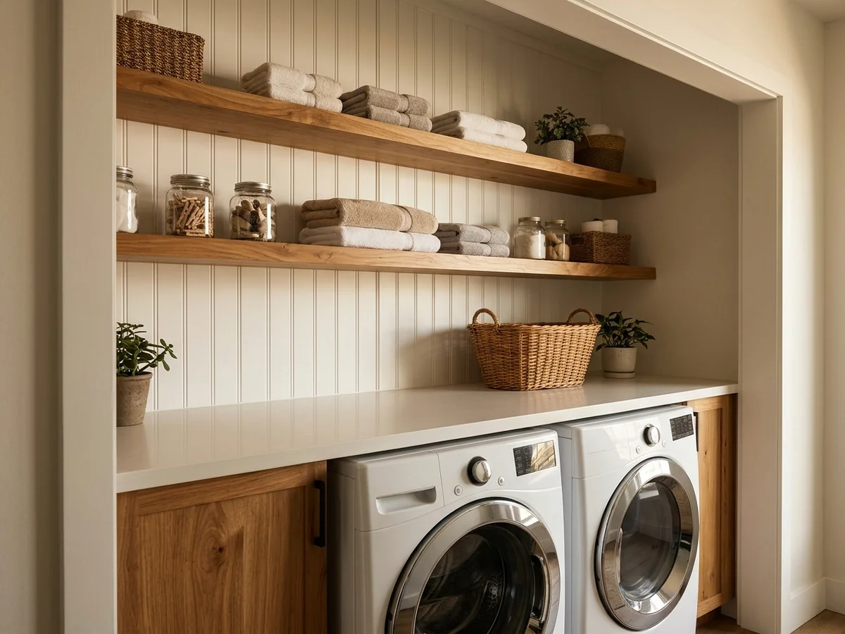 Integrated Shelving Above Laundry Counters - Countertop Height Over Front-Load Washers and Dryers