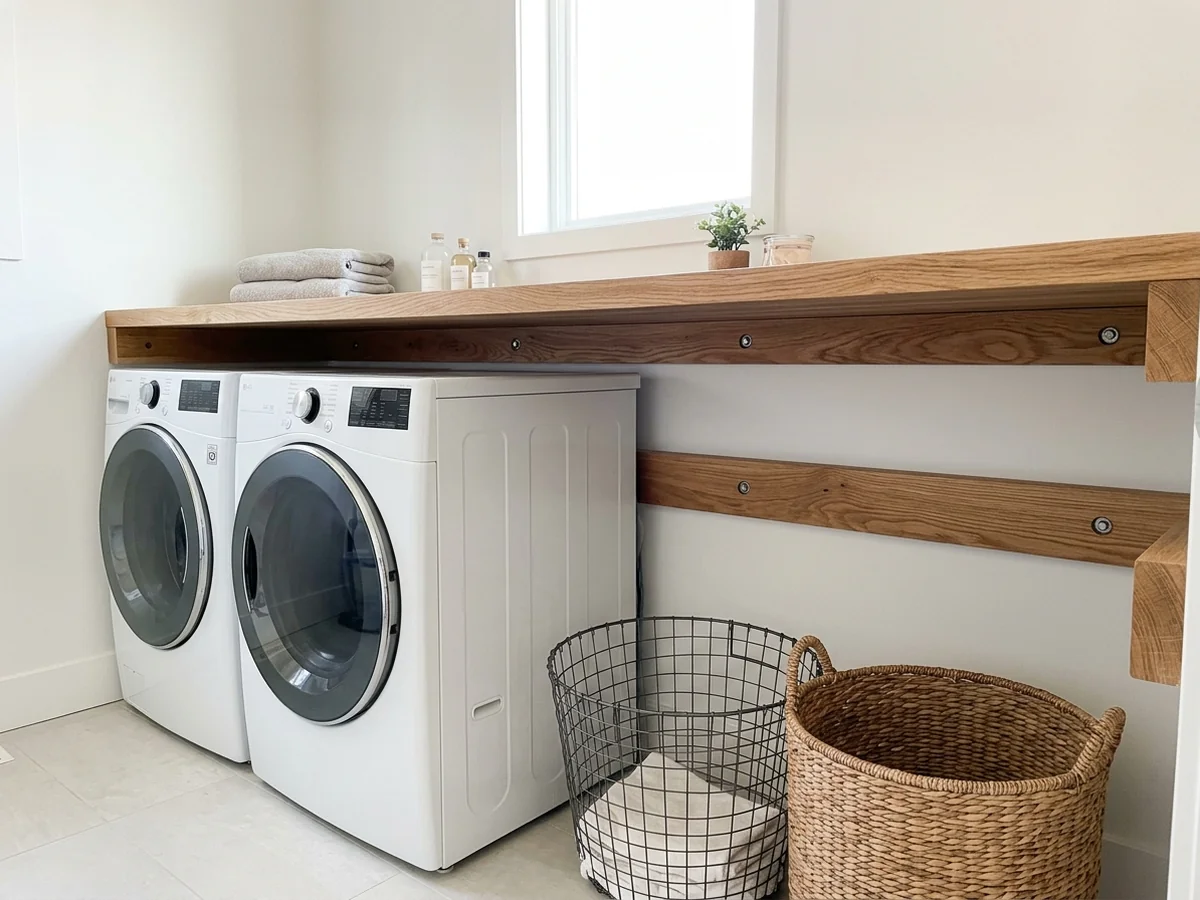 Using Wood Cleats for Floating Laundry Room Surfaces - Countertop Rest Directly on the Washer or Be Wall-Mounted on Cleats
