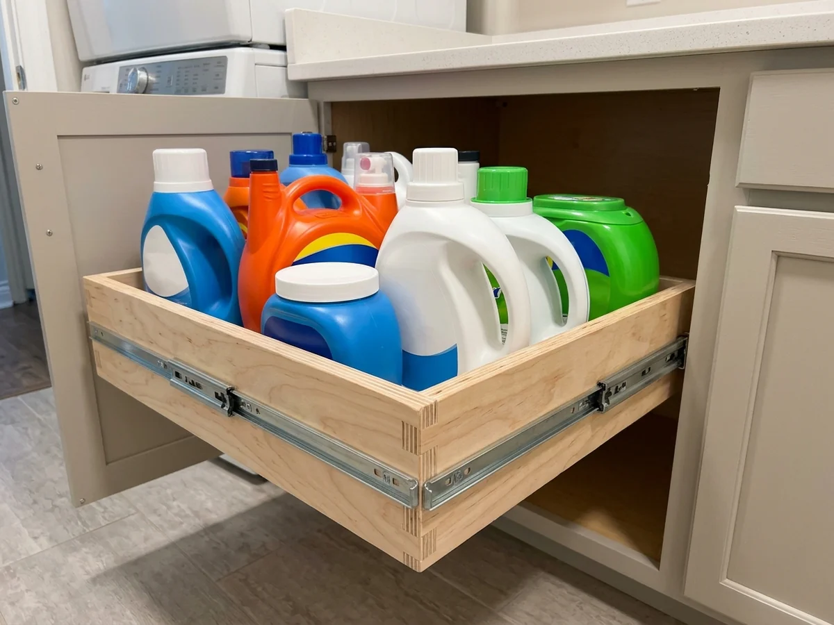 Building a Custom Pull Out Shelf with Plywood and Drawer Glides - Washer Detergent Dispenser Drawers Under Countertops